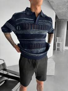 Camisa polo masculina de malha listrada e manga curta