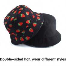 Unisex Reversible Bucket Hat For Beach And Fishing - 草莓黑 - 查看 7