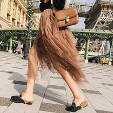 LB.KKC Women's Tulle Skirt Formal High Low Asymmetrical Midi Length Elastic Waist Tutu Layered Puffy Fairy Skirts - màu nâu - Xem 7