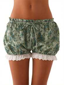 Womens Lace Trim Shorts Casual Elastic Waist Plaid Print Bloomers Lolita Cosplay Costume