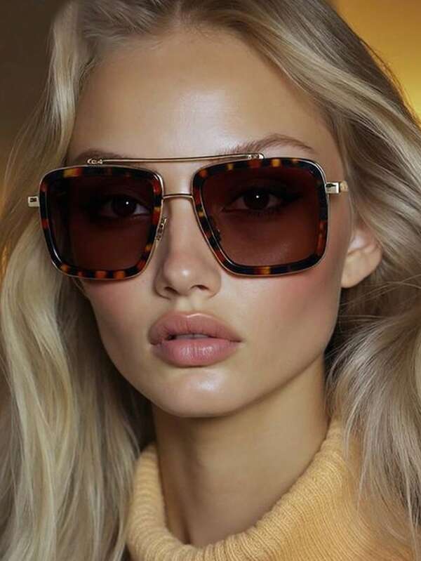 1pc Square Double-Beam Metal Frame Fashionable Fashion Glasses, Suitable For Outdoor, Party And Street Photography