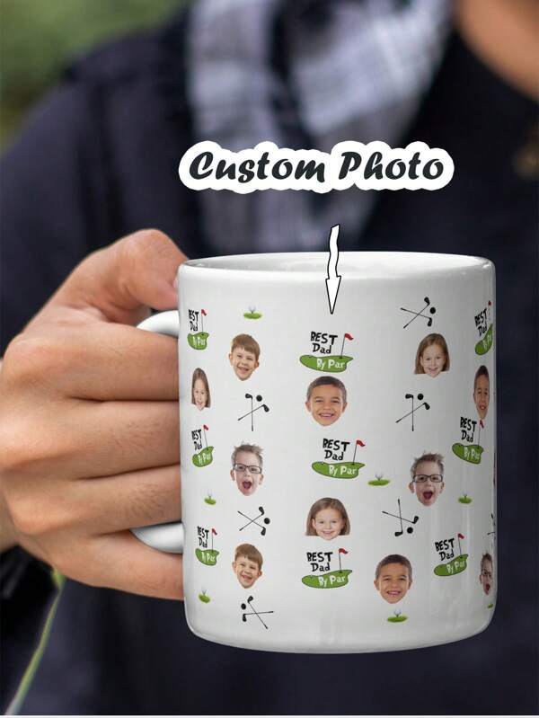 1pc Personalized Photo Golf Dad Mug 11oz 300ml White Ceramic Coffee Cup – Custom Kids Faces, "Best Dad By Par" Design – Unique Father's Day Gift, Birthday Present Or Christmas Surprise For Golf Loving Dad