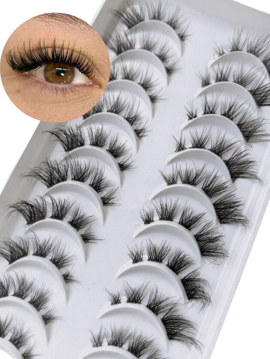 10 对漫画风格假睫毛，轻盈的漫画风格假睫毛，自然纤细的猫眼设计，透明隐形带，短款韩式动漫风格，3D 仿貂皮，适合日常妆容和角色扮演造型