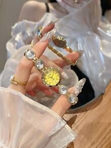 1pc Ladies' Colored Rhinestone Strap Watch, Women Fashion Elegant Gold Color Bracelet Watch Style, Daily Use