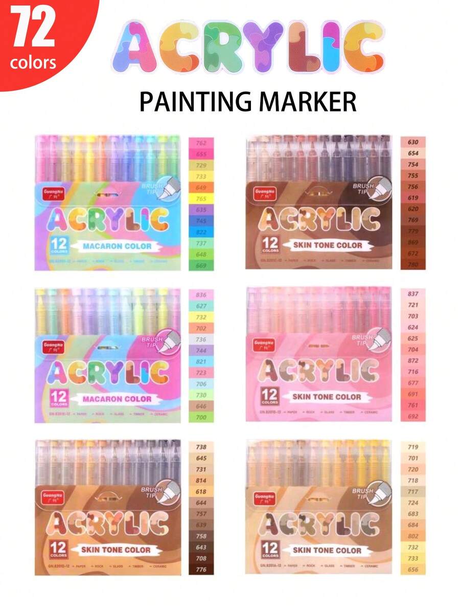 GuangNa 72 Color Skin Tone Macaron Color Scheme Direct-Liquid Acrylic Soft-Tip Marker Pens, Student Drawing/Painting/Doodling/Anime Character Skin Tone Colored Marker Pens, DIY Waterproof Art Markers For Clothes/Shoes/Glass/Stones - Multicolor - View 1