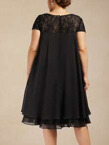 Plus Size Women's Round Neck Short Sleeve Sequin Lace Chiffon A-Line Dress Casual Dress - màu đen - Xem 2