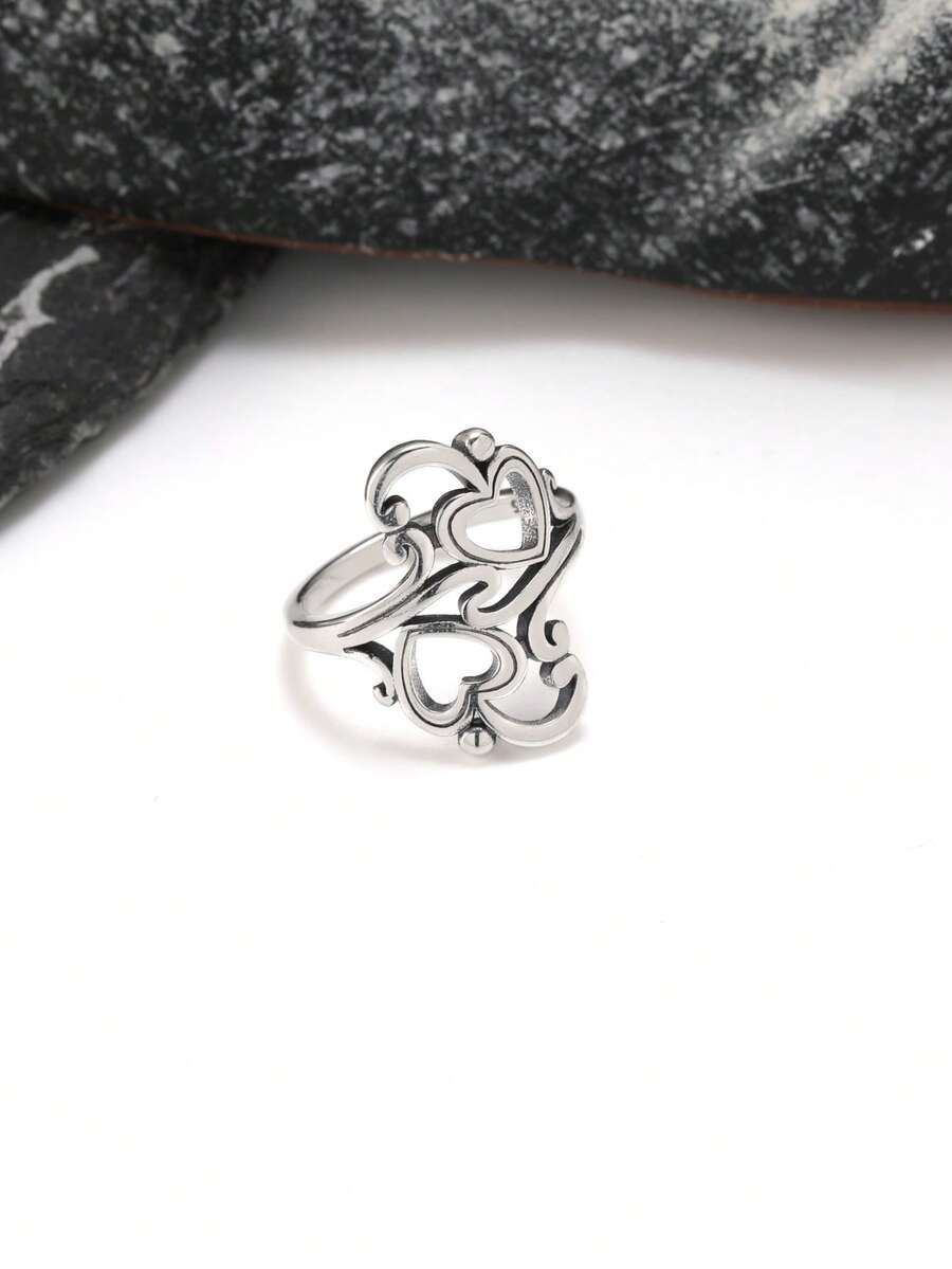1 热销百搭纯银 S925 复古银戒指，采用双心和卷轴设计 - 打造高端轻奢浪漫复古珠宝 - 復古銀色 - 查看 1