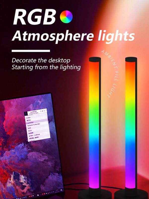 2PCS Gaming LED Dual Atmosphere Lighting Computer Background Atmosphere Picking Up Syllable Rhythm Lighting Atmosphere Desktop Lighting Desktop Lighting RGB Colorful Light Color Car Desktop Suitable As A Gift For Friends And Family
