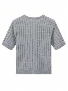 Minimalana Plus Size Spring Summer Vacation Elegant Fashion Casual Twist Design Round Neck Knit Single Breasted Metal Buckle Design Short Sleeve Cardigan Brunch Outfits For Women