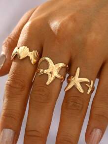3/5/10 Pcs Set Of Starfish, Seashell, Heart, Knot, Chain, Geometric, Round, Teardrop, Plain Solid Band Rings, Fashion, Simple, Elegant, Vintage Design, Suitable For Holiday, Party, Date, Gift, Daily Wear