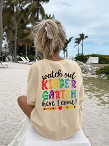 1pc Back To School Girls Casual Graphic Print Round Neck Short Sleeve T-Shirt, Summer Student Outfit - Crayon & Pencil Sketch Minimalist English Letter Style T-Shirt To Inspire Imagination And Self-Expression