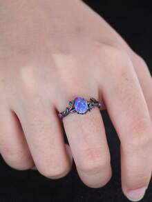 Bộ 2 chiếc, Nhẫn Opal tổng hợp cắt hình quả lê tím cổ điển và thiết kế hình lá màu đen, Thích hợp cho lễ hội, tiệc tùng, đeo hàng ngày, mọi mùa - Màu tím - Xem 6