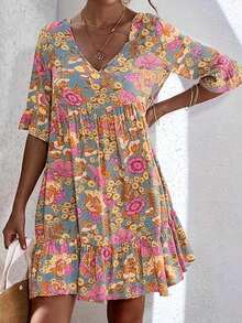 Vestido largo bohemio de estilo europeo y estadounidense para mujer, con estampado floral, escote en V, informal y tallas grandes para el verano