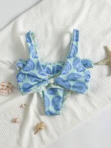 2pcs/Set Women Summer Beach Bikini Set, Butterfly & Shell Double-Sided Print Design, Reversible, Wide Strap Twist Swimsuit Top And Mid-Waist Swim Bottoms, Suitable For Pool Party And Beach Holiday - Blue - View 6