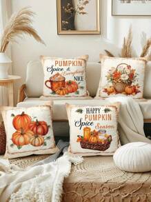 4pcs/1pc Autumn Thanksgiving Themed Pillow Set - Pumpkin And Flower Basket Pattern | 18x18 Inches | Zipper Closure | Soft And Comfortable Fabric - Durable, Fade Resistant, Machine Washable, Suitable For Thanksgiving Outdoor Decoration, Home Decoration, Terrace Decoration, Bedroom Decoration. Excluding Core Pillow Case Pillow Cases Cushion Cover Cushion Covers