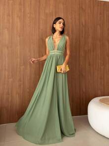 Tulle Party Dress / Neckline / Side Opening / Long For Graduation, Bridesmaid And Guests - Olive Green - View 3