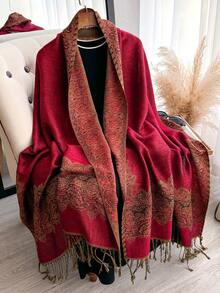 1件佩斯利提花羊绒质感披肩围巾，柔软顺滑，双面流苏披肩，适合日常、晚宴、旅行、办公、婚礼和送礼。 - 彩色 - 查看 11
