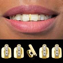 Set de 5 piezas de joyería dental de mujer con incrustaciones de dientes de cobre en estilo punk y hip hop, enchapado en oro de 14k, para combinar, fiestas, vacaciones y Halloween