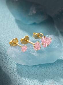 3只装925纯银粉色心形耳环，女士耳环，18K镀金，适合派对、情人节等场合，精致首饰 - 金色 - 查看 2