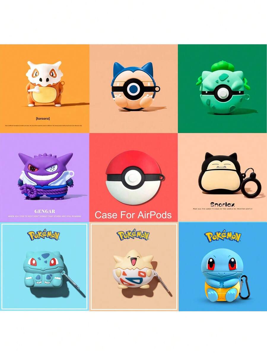 pokemon Pokémon Apple Wireless Bluetooth Headphone Case (With Hook, Hook Style Random) Cute Cartoon Silicone Anti-Drop Apple Headphone Case, Suitable For AirPods 1/2/3/4/Pro/Pro 2. (Some Hooks Have Fillers In The Holes, Which Can Be Manually Removed.)
