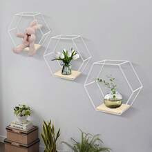 Juego de 3 estantes de pared hexagonales de metal, estantes colgantes decorativos dorados, estantes de pared tipo loft, estantes colgantes decorativos, estante de pared para decoración de paredes en la sala de estar, dormitorio, baño, cafetería y hotel. - Blanco - Ver 9