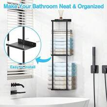 Towel Holder Without Drilling, Wall Towel Stand Matt Black With Hooks And Protective Grille For Bathroom & Kitchen, Towel Rack Organizer, Wall-Mounted Shelf For Storage And Organization, 3-Tier Towel Stand - màu đen - Xem 6