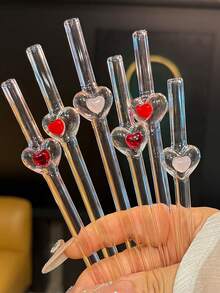 6pcs Cute Pink Heart-Shaped Glass Straws - Reusable Drinkware Set With Cleaning Brushes | Shatter-Resistant Milky Tea Smoothie Accessories, Perfect For Bachelorette Party & Bridal Engagement Decor Gift, Girlfriend Gift - Multicolor - View 8
