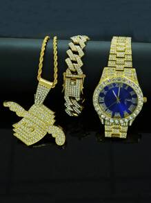 1 Set de joyería para hombre con colgante con signo de dólar con alas todo cubierto de rhinestone, reloj, pulsera, conjunto de joyería de lujo y glamoroso, accesorio de moda brillante