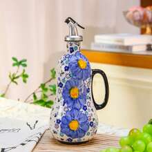 1 pieza Dispensador de aceite de cerámica, bomba de aceite de oliva de cerámica pintada a mano y asa, botella de aceite de cocina, patrón floral elegante, gran capacidad, accesorio de cocina, adecuado para la decoración de la cocina del hogar - Multicolor - Ver 10
