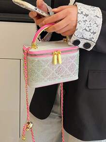 1pc Black Casual Versatile Handheld Mini Square Bag, Fashionable Embroidered Checkered Fabric, Suitable For Storing Phone, Lipstick, Coins At Work