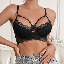 蕾丝性感内衣文胸，镂空小胸设计，聚拢聚拢，凸显胸型，带钢圈，透气 - 黑色 - 查看 4