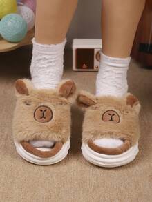 1双儿童卡通可爱加厚保暖毛绒拖鞋，适合男童女童秋冬季室内穿着 - 卡其色 - 查看 2