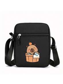 1 件，创意水豚印花黑色迷你斜挎包 - 适合休闲外出的运动包，轻质涤纶衬里，可调节肩带 - 黑色 - 查看 6