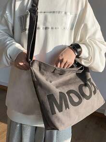 1 件复古帆布图案单肩包学院风学生大容量手提包斜挎包易于携带的时尚收纳包节日派对小礼物（不同批次颜色可能略有不同）2000 年代风格街头服饰 - 深灰色 - 查看 11