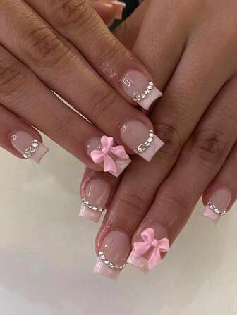 Elevate Your Style With, 24Pcs/Set Square Pink French Press On Nails Tip 3D Bow With Rhinestones Design Acrylic False Nails ,Contain 1pc Jelly Glue And 1pc Nail File, Suitable Gifts For Women And Girls