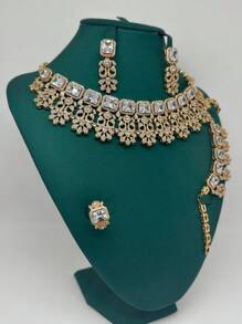 5 pièces/Jeu Style européen et américain de luxe Rouge rubis exagéré, vert émeraude, parure de bijoux en cubique de zircone de cuivre comprenant un collier, des boucles d'oreilles, une bague ouverte, un bracelet en 4 pièces. Convient pour les banquets, les fêtes, les mariées, les mariages. Cadeau pour la mère, l'enseignante, la petite amie