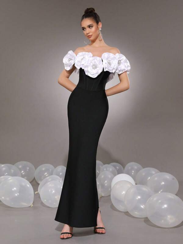 Neues schweres 3D Blumen handgesticktes schulterfreies rückenloses Kleid, sexy ärmellos, elegantes Hochzeits-, Feiertags-, Party- und Abendkleid für Damen