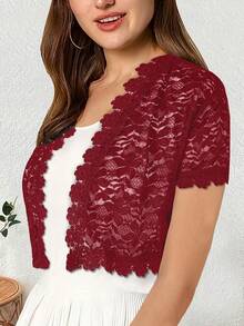 Camellia Lace Short Sleeve Cardigan Jacket - Rose Red - View 6