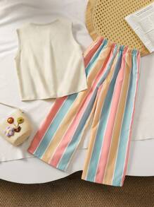 2pcs/Set Fashionable Young Girl Embroidered Sleeveless Top + Striped Pants Sets - Apricot - View 8