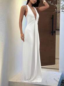 Women's Elegant Deep V-Neck Hollow Pleated Dress - Halter Neck Fitted Style, Suitable For Christmas Parties, New Year's Eve, Wedding Guests And Formal Occasions White Summer Party - White - View 11