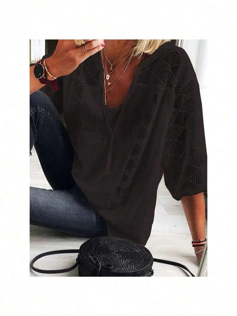 Women's 3/4 Sleeve Cotton Lined Tunic Top - Light Grey V-Neck Casual Loose Shirt With Geometric Perforated Detail, High Quality Autumn T-Shirt For Layered Or Separate Garments, S-XXL, Loose Version Top | Asymmetrical Design | Machine Washable - 黑色 - 查看 1