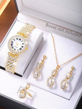 5pcs Women's Watch Women's Gold Quartz Watch, Paired With Jewelry Necklace, Earrings, Ring Set, Suitable For Daily Wear, Back To School Season, Graduation Season, Thanksgiving, Couples, Not Including The Best Gift Watch Box, Giving Mothers The Best Gift.