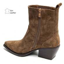 Pointed Toe Ankle Boots In Genuine Suede Leather, Featuring A Cuban Heel And A Structured Design For A Bold And Elegant Style. - Camel - View 4
