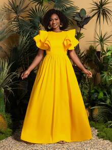 Faeriesty TribalChic Plus Summer Casual Maxi Dress - Fitted Bodice With Short Ruffled Sleeves & Flowing Floor-Length Skirt For Casual Outings, Beach Days, Vacation Travel, Everyday Elegance - 黃色 - 查看 3