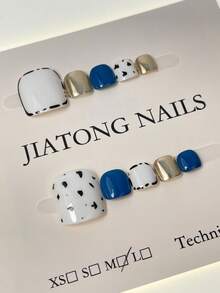 10 PCS Móng tay dán thủ công có thể tháo rời, móng chân chân thực, thiết kế độc đáo, màu xanh trắng vàng champagne, họa tiết vẽ tay, phụ kiện làm móng mùa hè, phong cách tối giản Y2K cảm giác cơ khí, kèm miếng dán keo dán móng cho nữ và bé gái - Nhiều màu - Xem 3