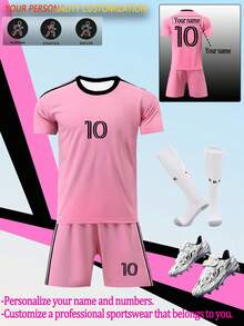 Personalized Name Argentina National Team Classic Pink #10 Boys' And Girls' Soccer Jersey With Shorts Set - Polyester Fiber, Children's Set, Boys' Set, Crew Neck Top And Shorts, Suitable For Boys' Sports Training And Casual Wear, Perfect Choice For Outdoor Activities. - Pink - View 4