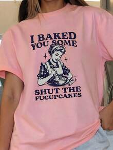 Women's Vintage Graphic Print T-Shirt, Versatile For Spring/Summer, Printed Tee, Vacation, Music Festival Casual Pink - Pink - View 6