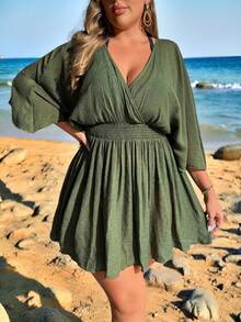 Swim Lushoire Plus Size V-Neck Batwing Sleeve Pleated Waist Chiffon Cover Up - Elegant And Graceful Summer - Army Green - View 1