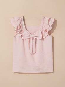 Gossamer Pink Textured Bow Knot Frilled Butterfly Sleeve Blouse Tops Summer Outfits For Women - Pink - View 1