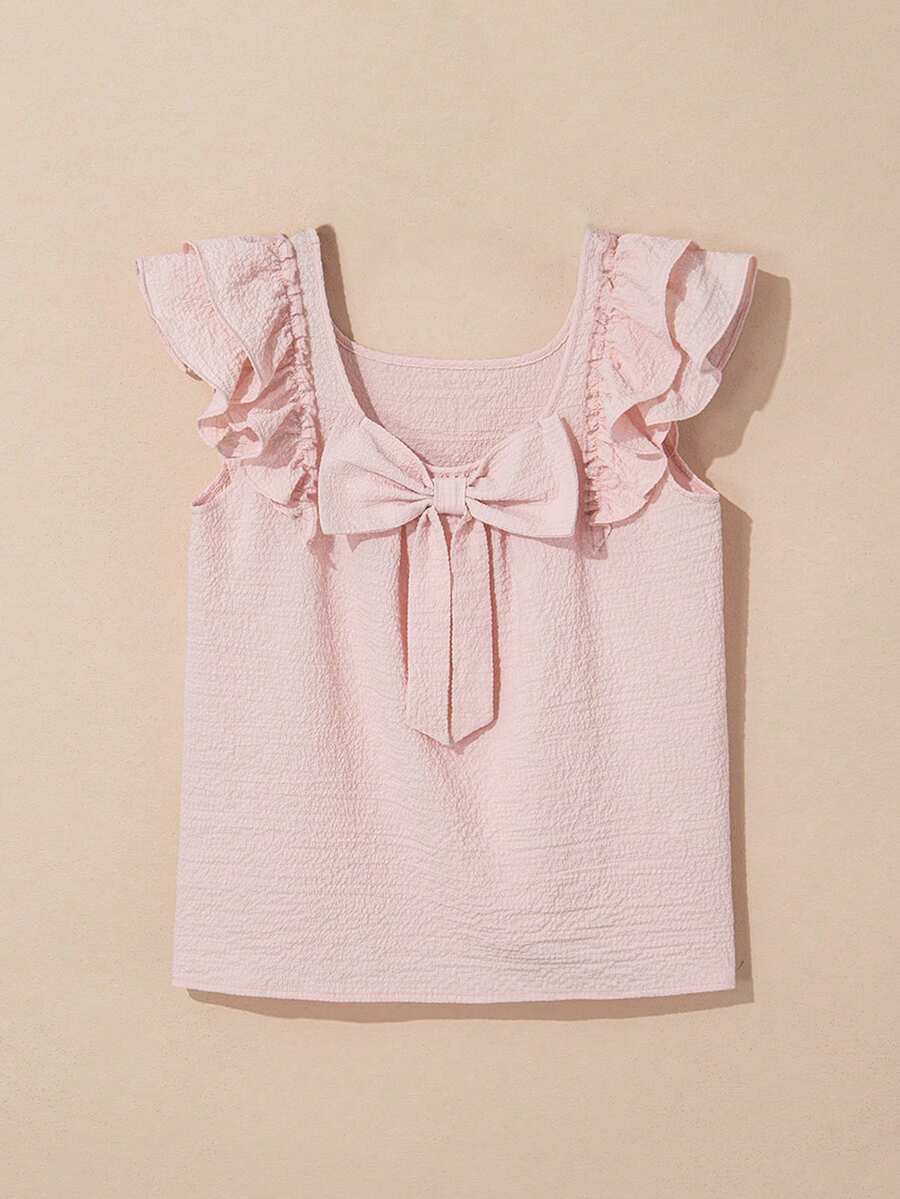 Gossamer Pink Textured Bow Knot Frilled Butterfly Sleeve Blouse Tops Summer Outfits For Women - Pink - View 1